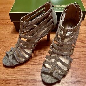 New Coach and Four Women’s Open Toe Strappy Gold CF Lorelle Heels - Size 9-1/2